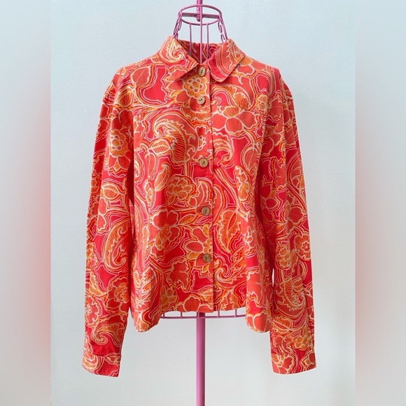 Coldwater Creek Floral Jacket Top Women’s Size Large Orange Coastal 100% Cotton - Picture 1 of 10